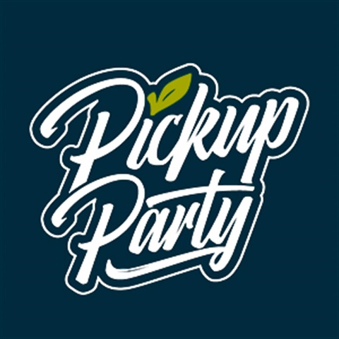 A dark blue background, with white words 